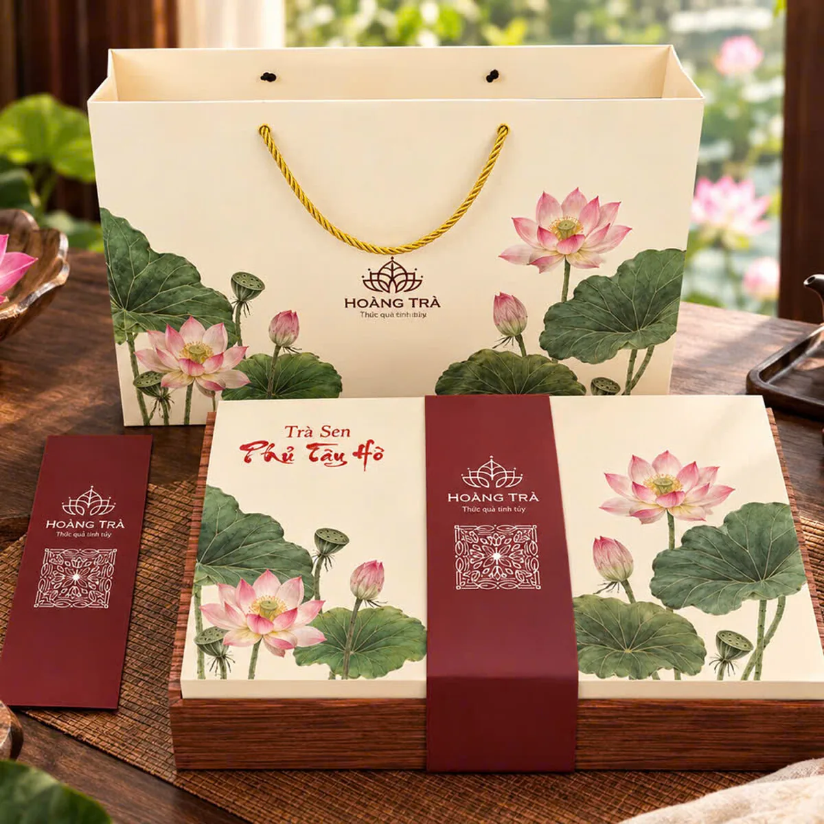 Hộp quà trà sen Phủ Tây Hồ của Hoàng Trà kèm túi giấy và thiệp, in tranh sen